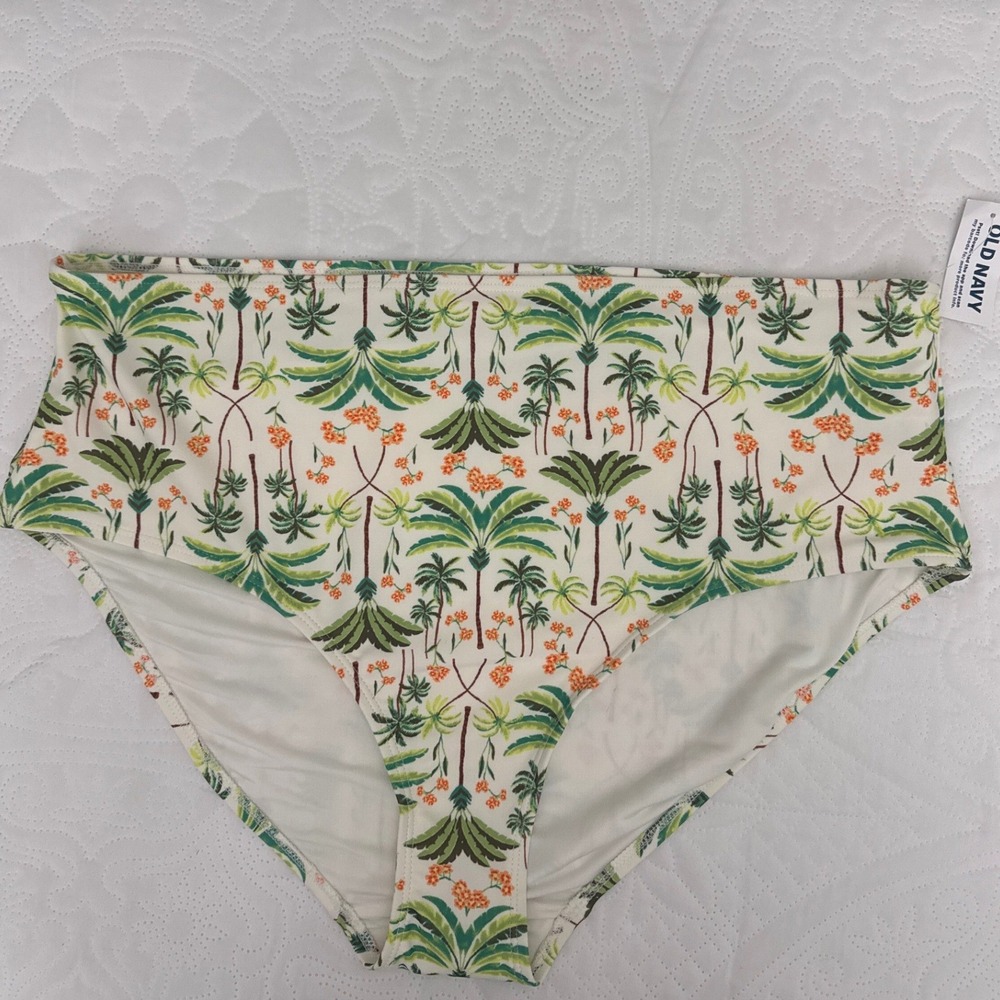 NWT Old Navy Classic High Waisted Swim Suit Bottoms White Palm Tree Print XXL